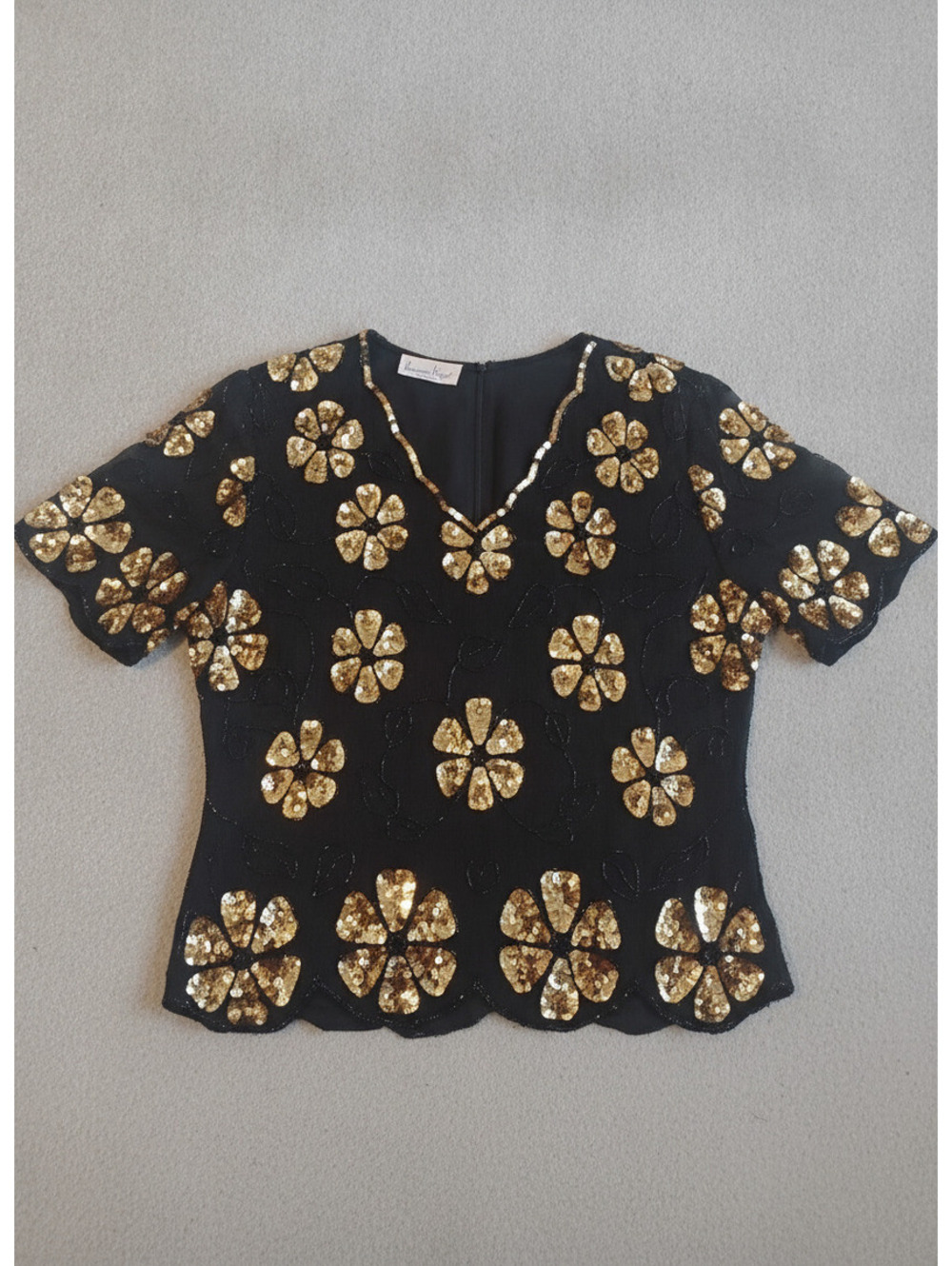 Laurence Kazar New York Vintage Black Silk Gold Sequin Beaded Blouse Top